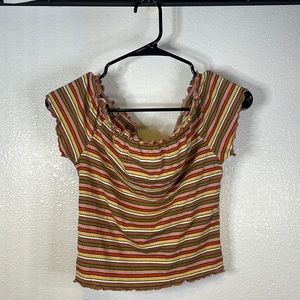 Multi colored ruffled striped shirt. Is off the shoulder.